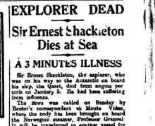 Sir Ernest Shackleton Dies at Sea