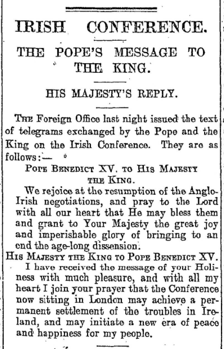 Pope Benedict XV prays for the peace settlement
