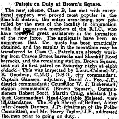 Ulster Special Constabulary Begins Patrols at Brown’s Square