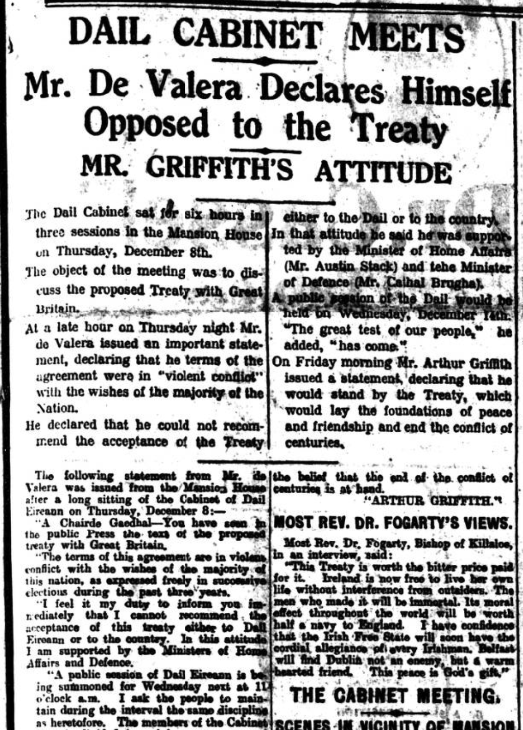 De Valera Publicly Opposes Treaty