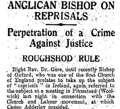Church of England Bishop Condemns Reprisals in Ireland