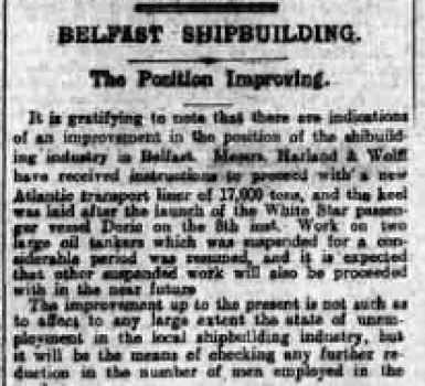 Belfast Shipbuilding Industry continues to Improve