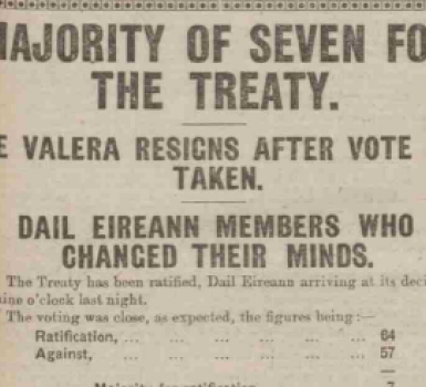 Dáil Éireann Accepts Treaty as de Valera Resigns