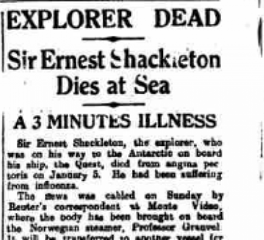Sir Ernest Shackleton Dies at Sea