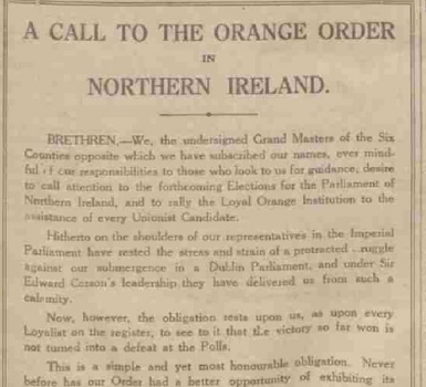 Orange Order Issues Statement on Upcoming Elections