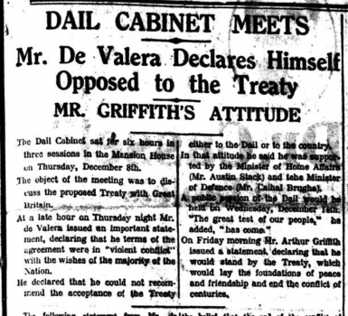 De Valera Publicly Opposes Treaty
